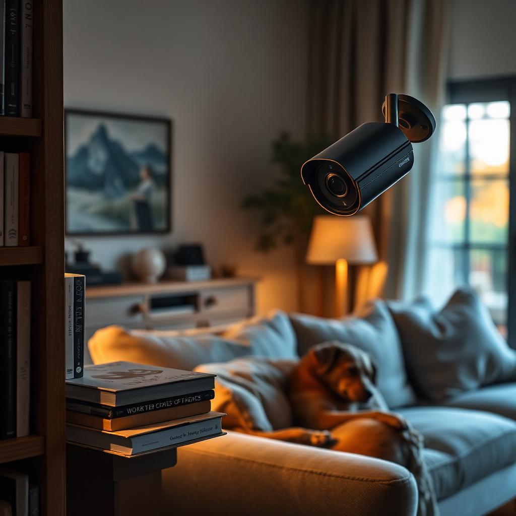 Compact indoor security camera on a bookshelf overlooking a living room couch in warm evening light