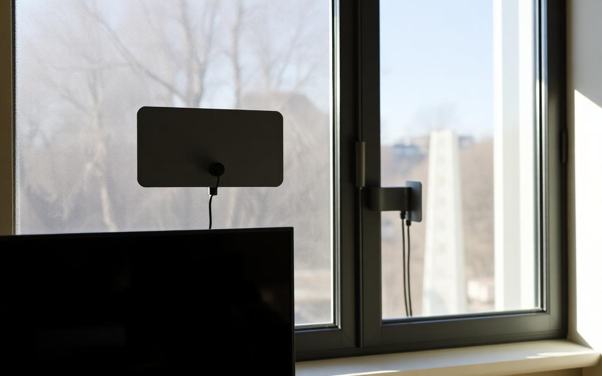 Slim indoor TV antenna mounted on a living room window next to a wall-mounted television