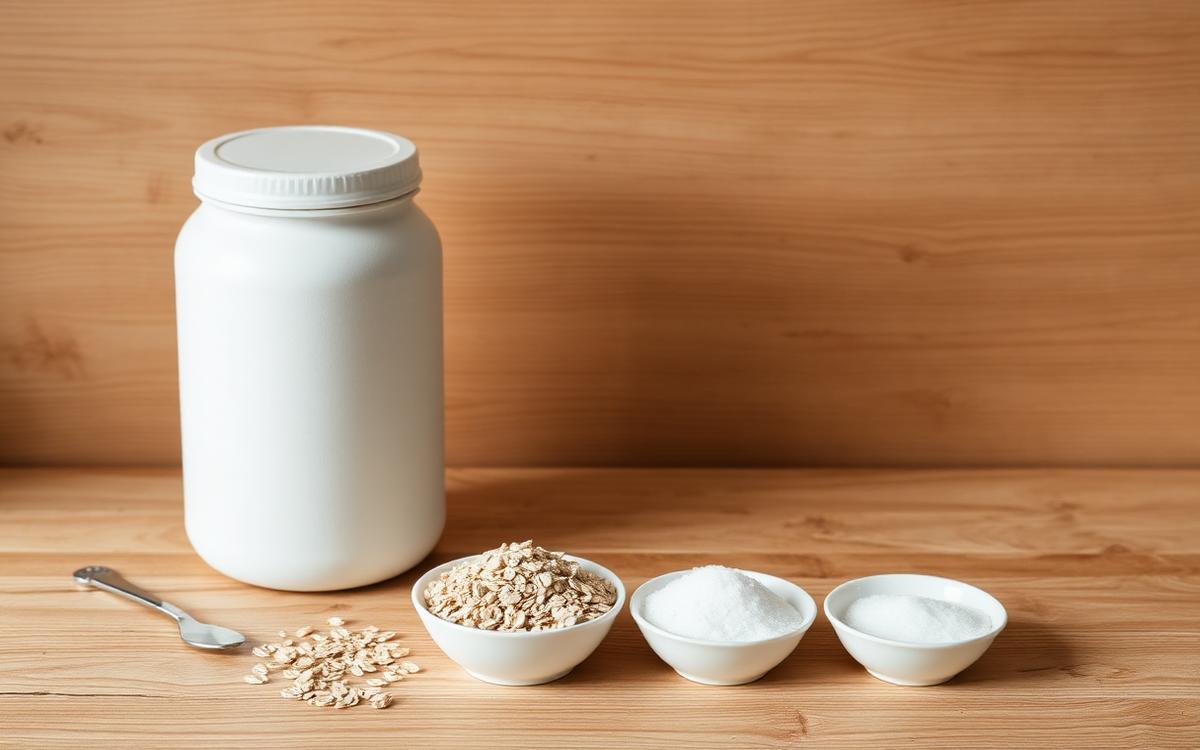 Plain jar beside three small dishes of oats, sugar and salt arranged in descending pile size to show ingredient list order by weight