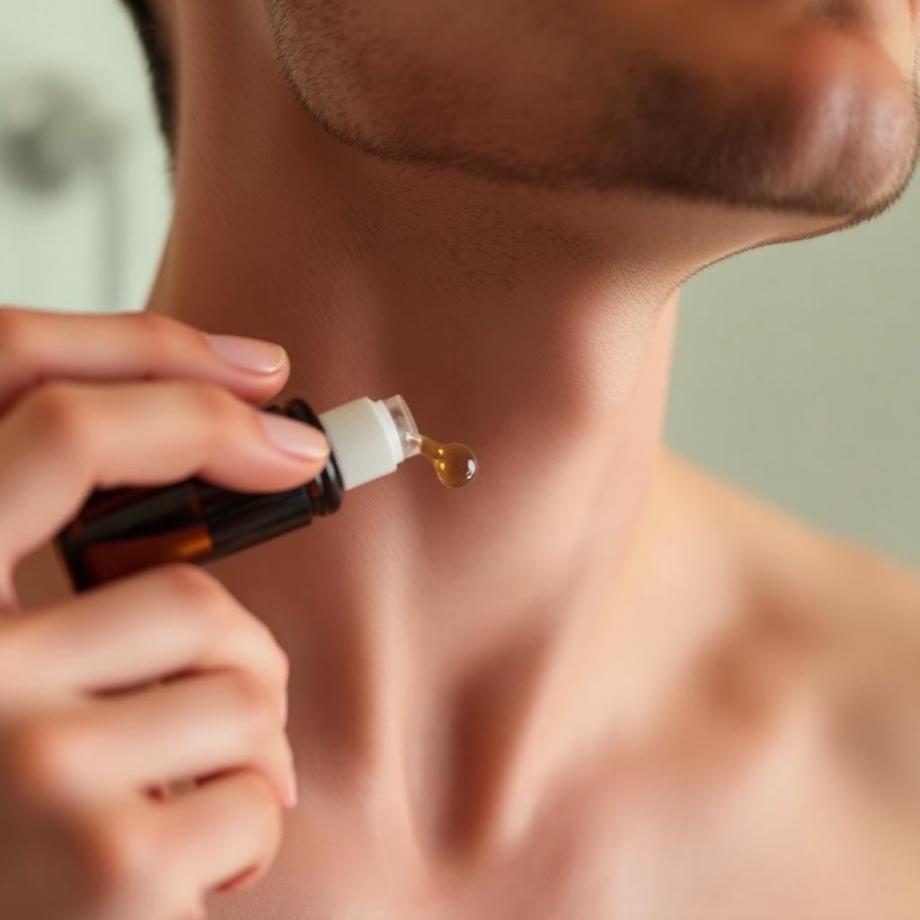 A man rolling a small amber glass roller ball serum bottle across his neck along the jawline where razor bumps often form in soft bathroom light
