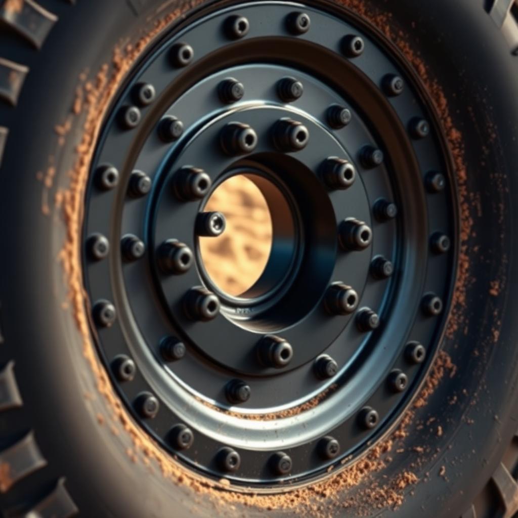 Aggressive off-road beadlock wheel with outer clamping ring and many bolts securing a mud-terrain tire