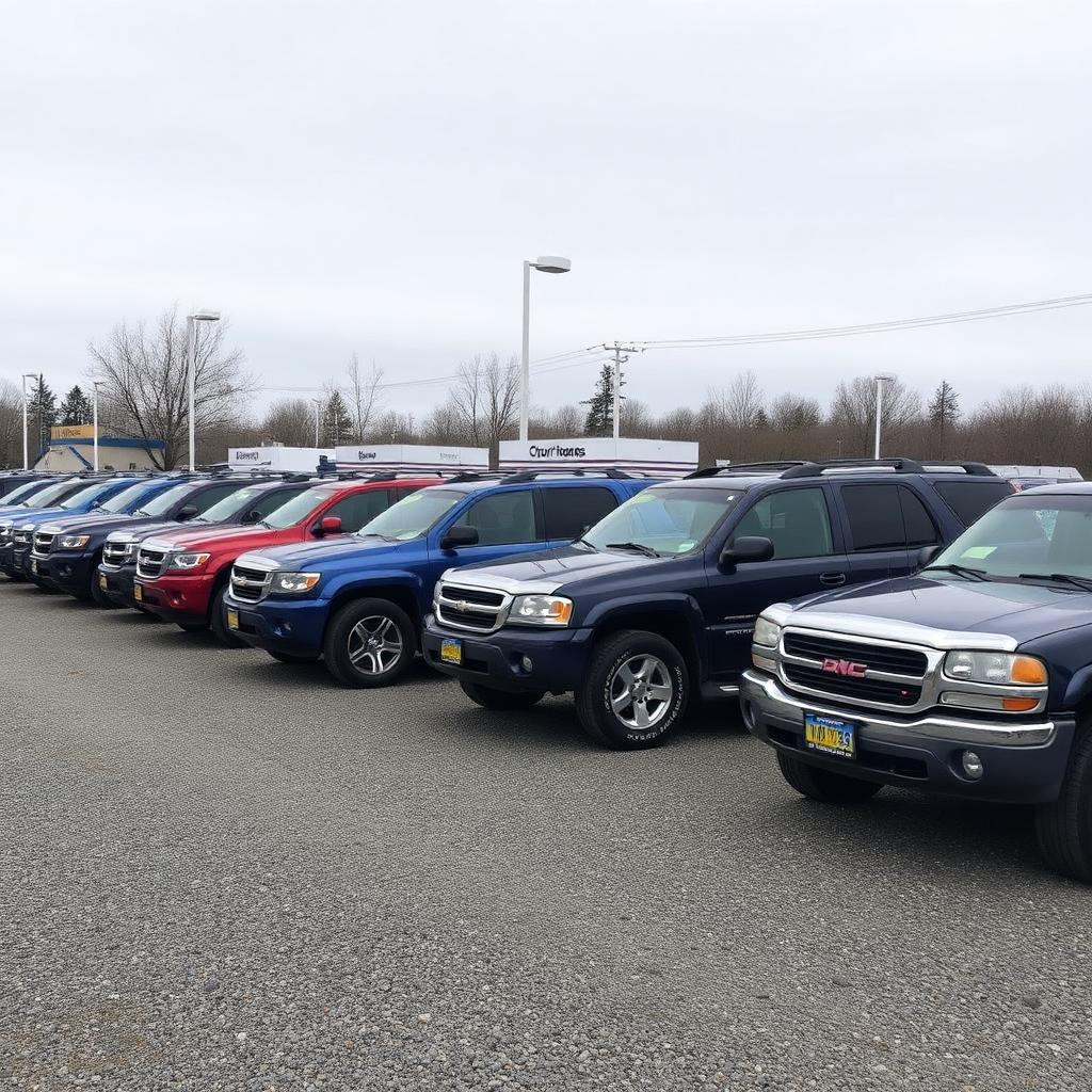 Row of used entry-level 4x4 SUVs and pickup trucks on a dealer lot