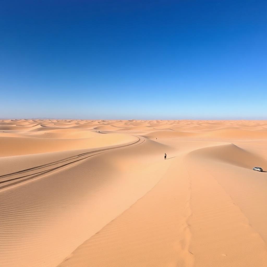 Off-road tire tracks curving through soft desert sand at low tire pressure
