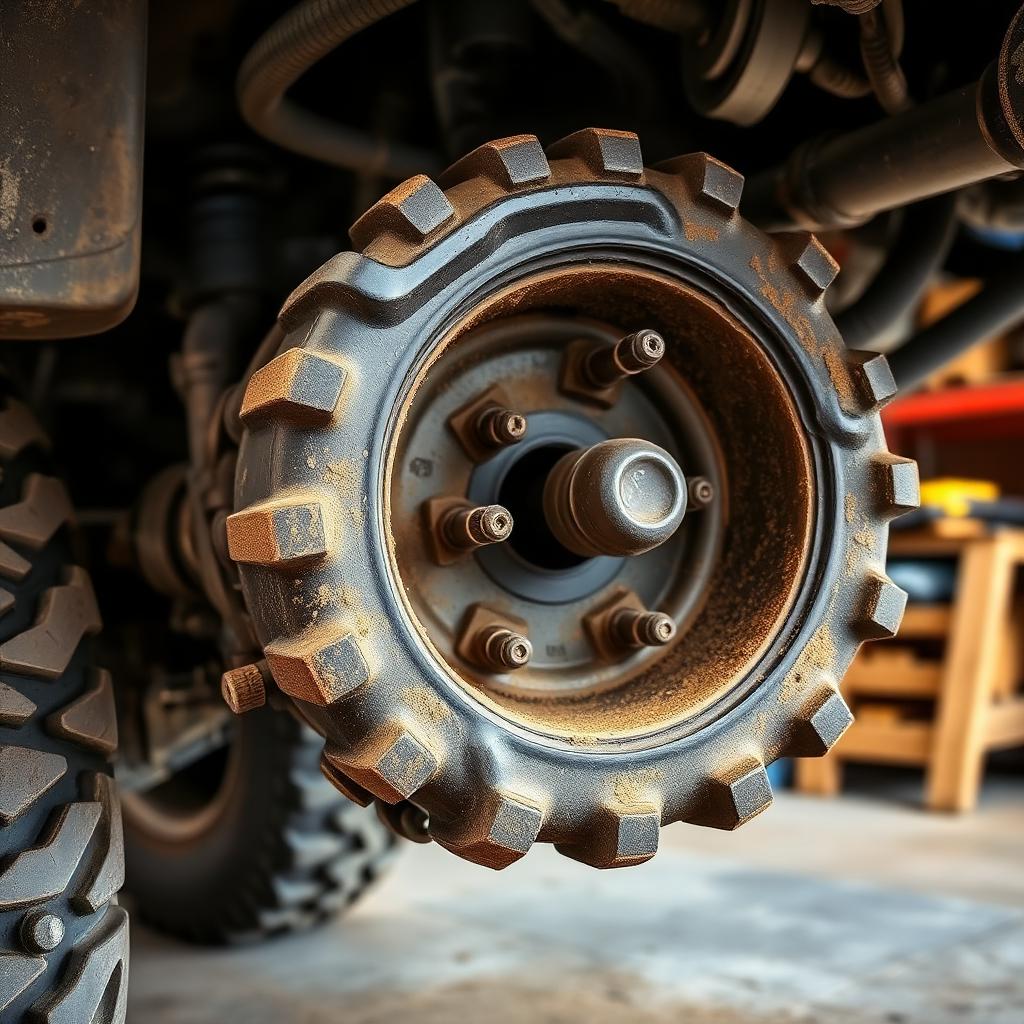 Rear axle differential housing on a lifted off-road truck coated in trail dust