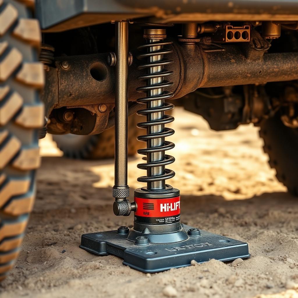 Hi-Lift farm jack with a wide base plate lifting a 4x4 SUV from a rigid rock slider mount