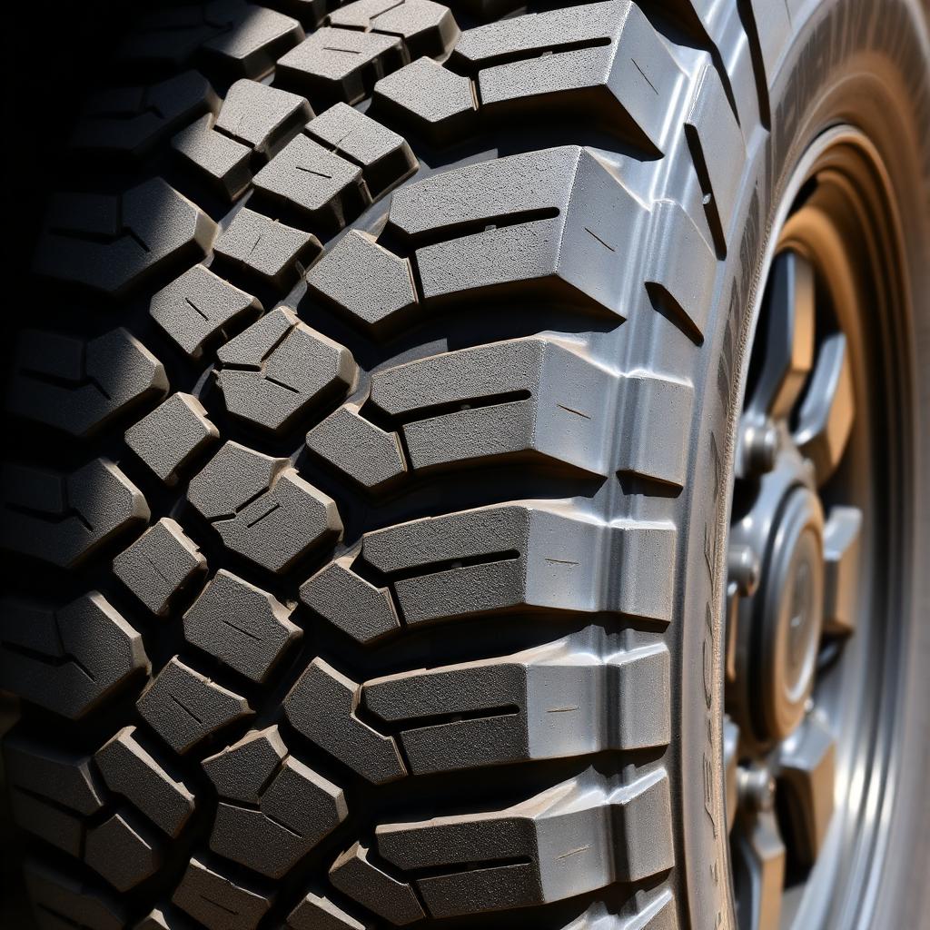 Close-up of a hybrid rugged terrain tire with aggressive shoulder lugs and tight center blocks