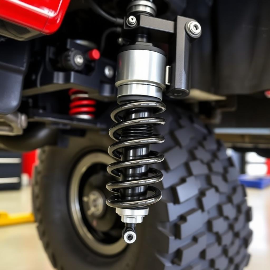 Close-up of an aftermarket coilover suspension shock installed on a lifted pickup truck
