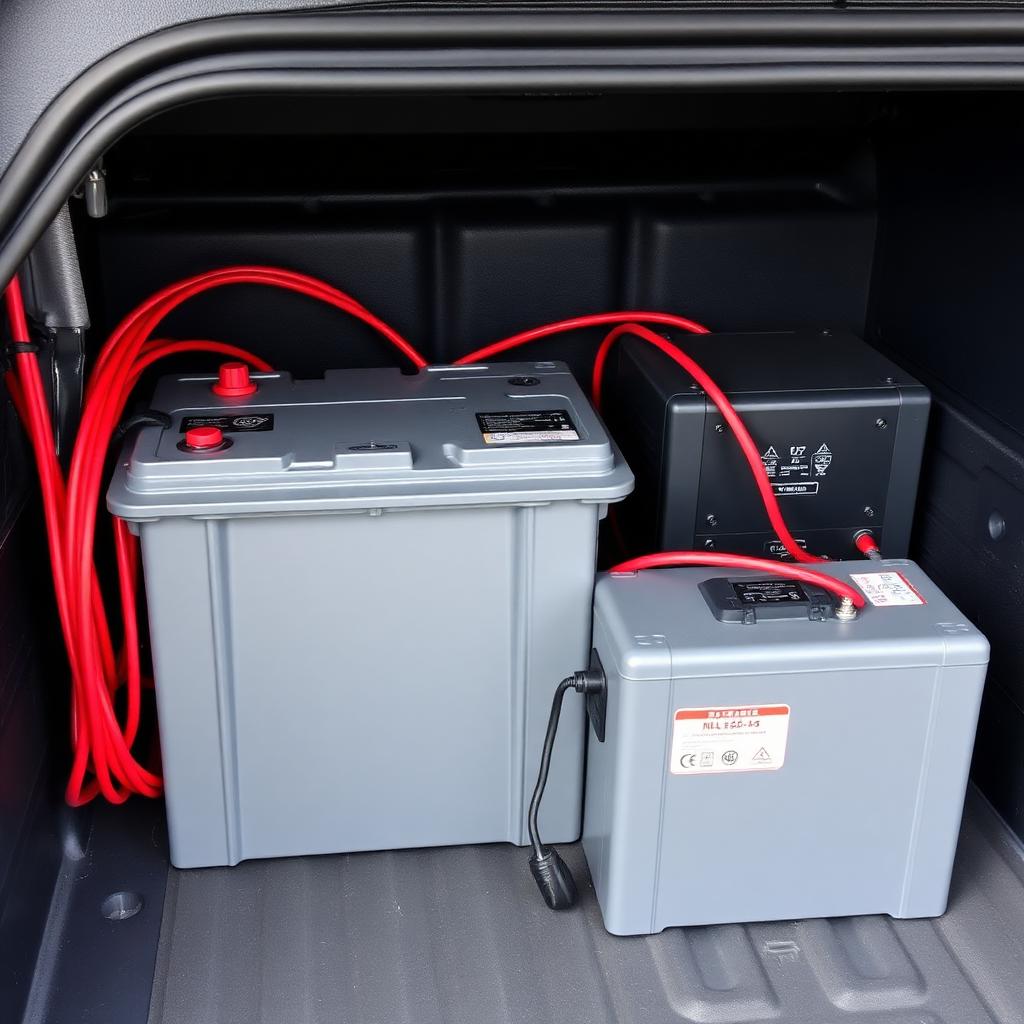 Lithium iron phosphate auxiliary battery mounted in a truck cargo area next to a DC-to-DC charger unit
