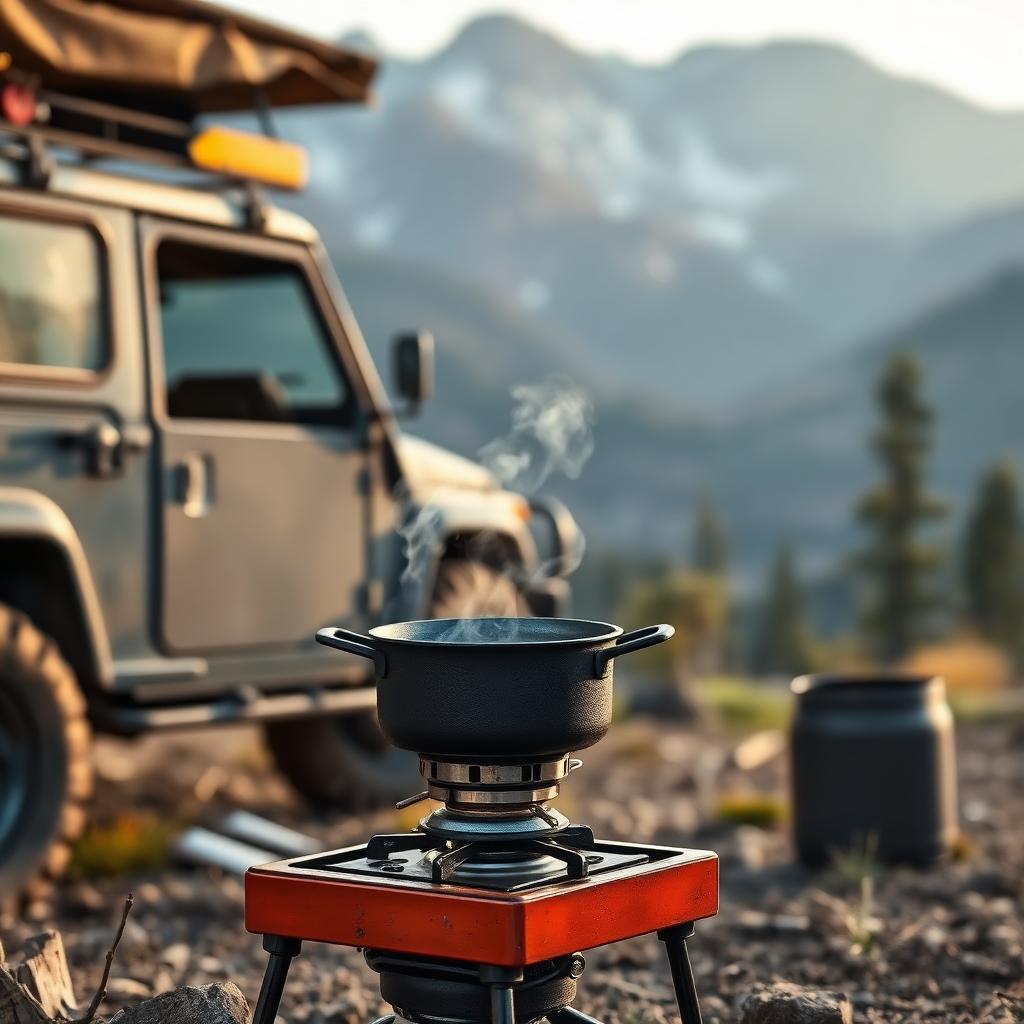 Camp stove and pot cooking next to an overland-equipped 4x4 in the mountains
