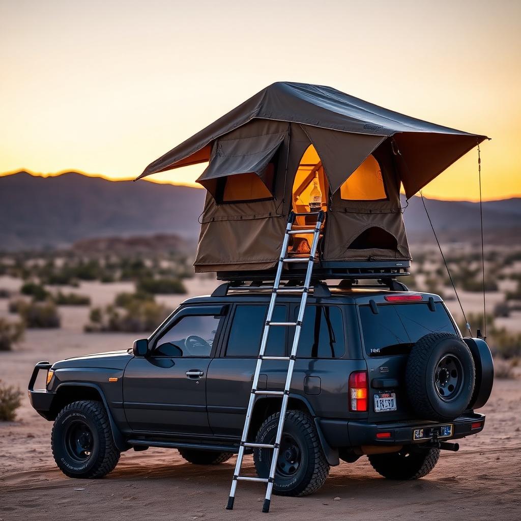 A hardshell rooftop tent fully popped open on the roof rack of a 4x4 SUV at desert sunset