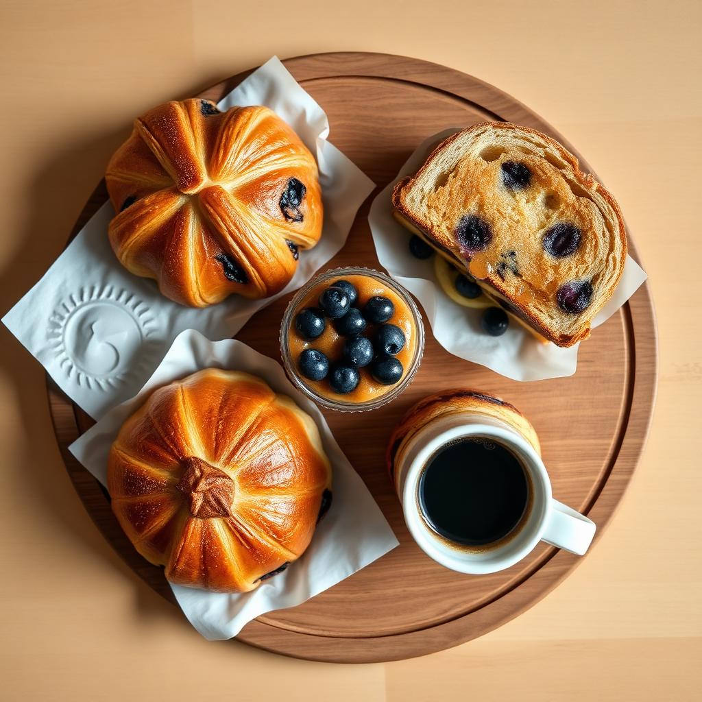 Overhead view of Starbucks style breakfast pastries including a croissant, blueberry muffin, and hot coffee mug on a wooden board
