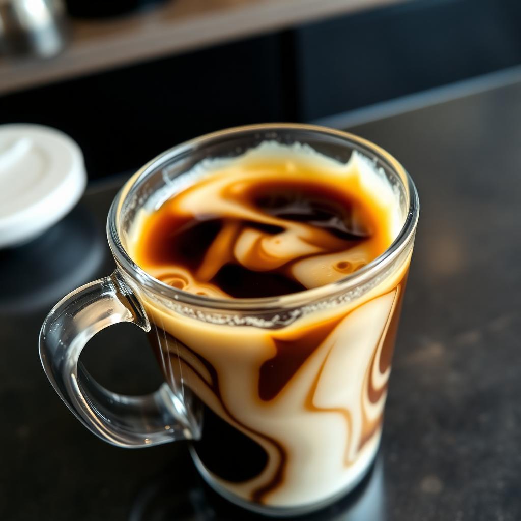 Blended chocolate coffee drink with whipped cream and dark drizzle in a clear glass showing the layered look