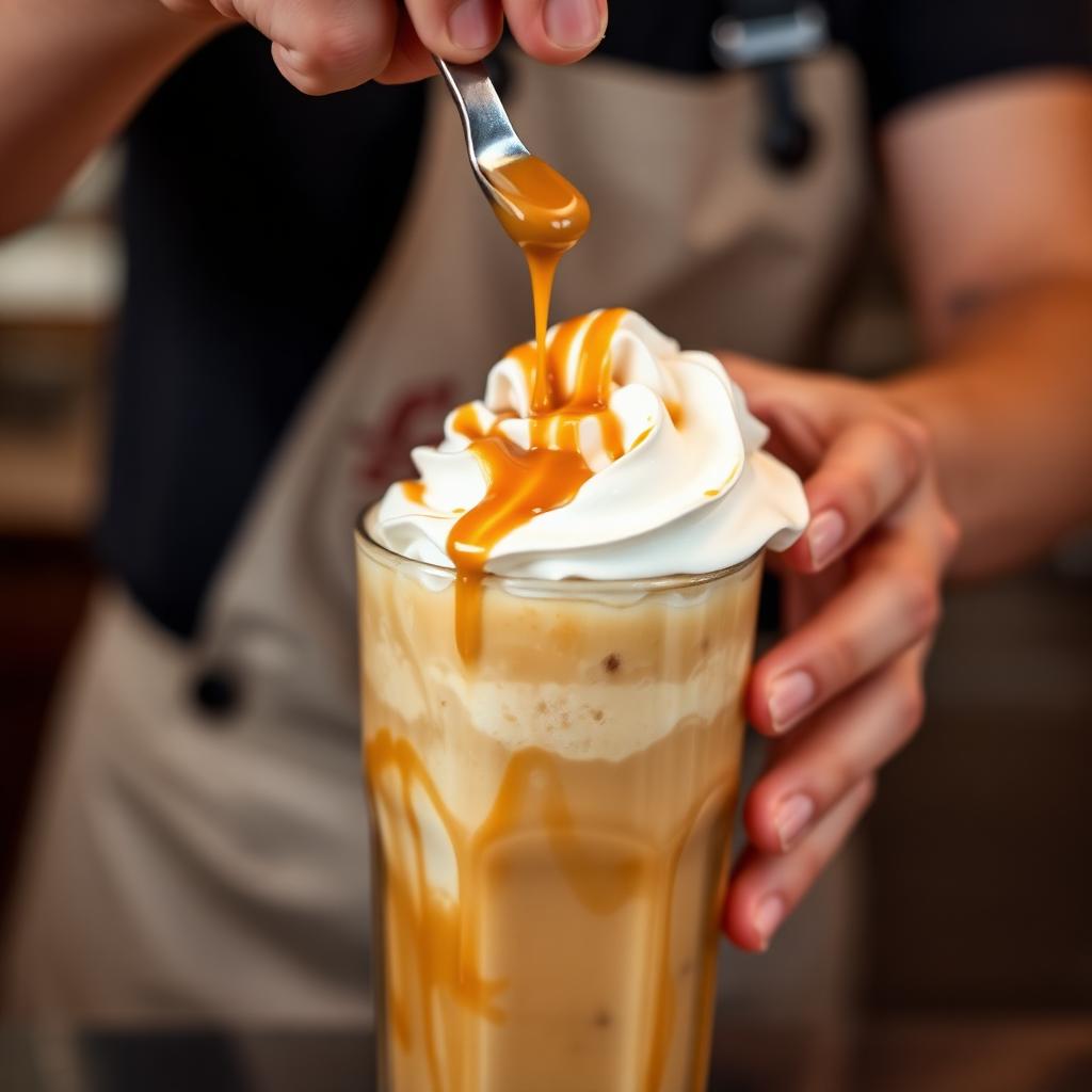 Barista drizzling caramel sauce over whipped cream on top of a tall customized iced coffee drink