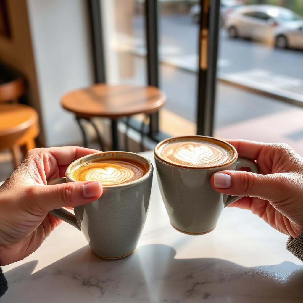 Two ceramic latte mugs with poured milk foam art on a marble cafe table by the window