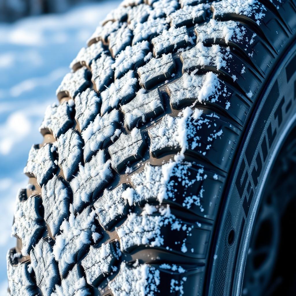 Close-up of a 3PMSF snow-rated off-road tire tread packed with fresh snow