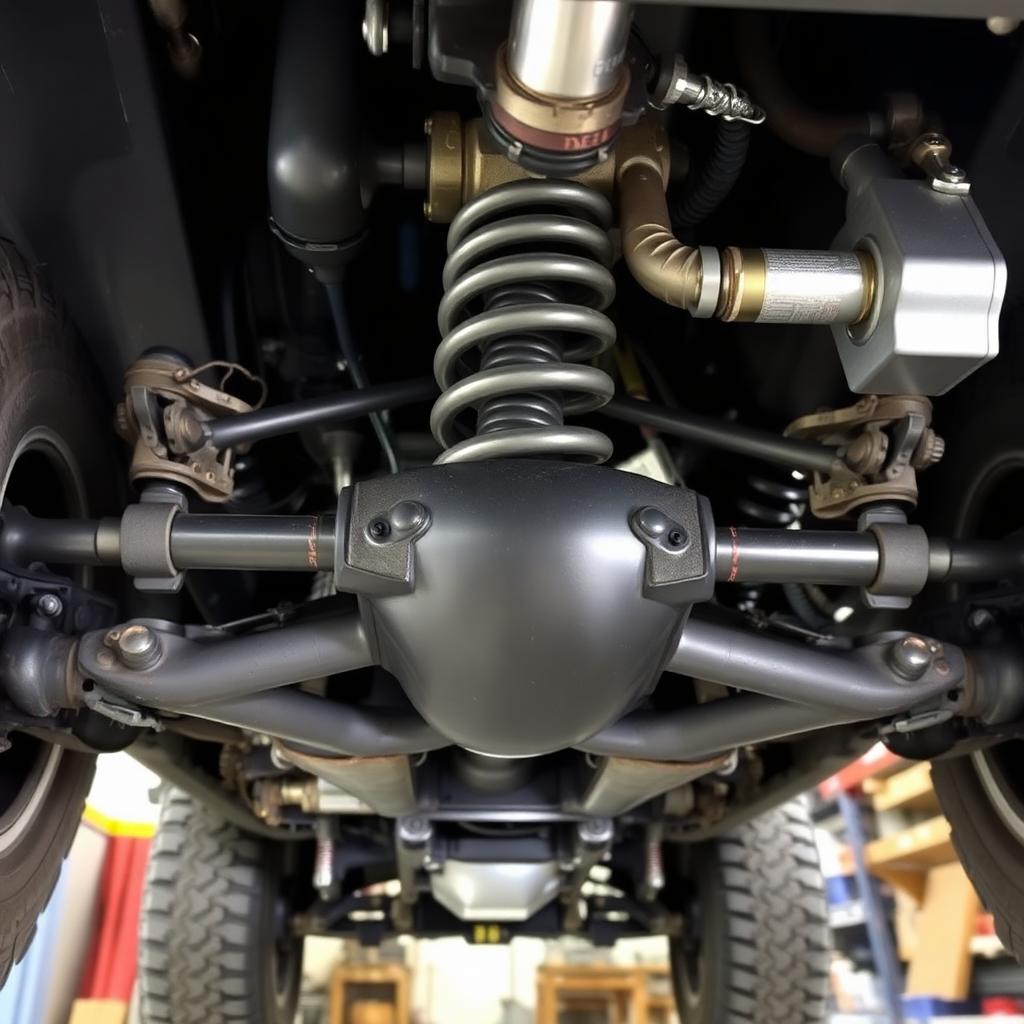 Underside view of a solid front axle and coil spring suspension on a 4x4