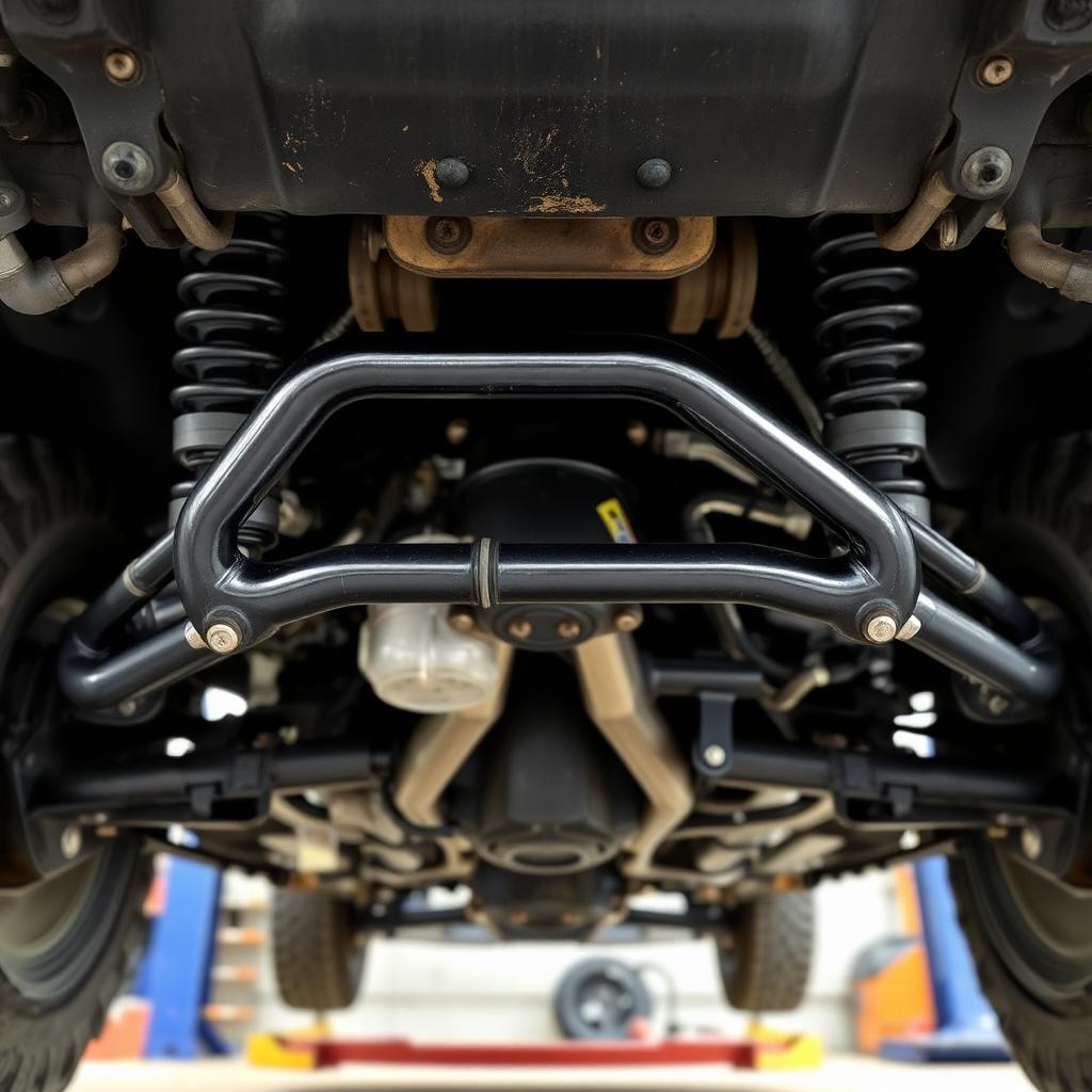 Close-up of a U-shaped sway bar and end links under the front suspension of a 4x4
