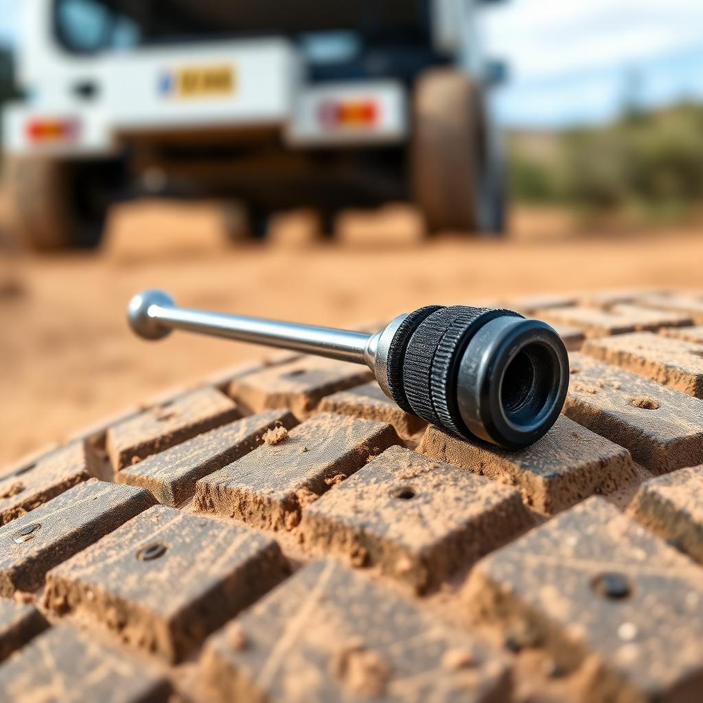 Steel T-handle tire plug tool loaded with a sticky rubber plug strip for an off-road tire repair