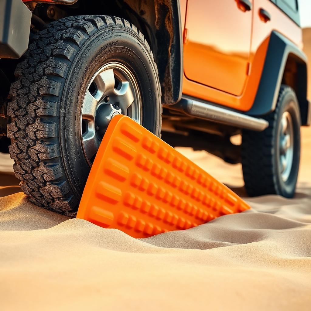 Recovery traction boards wedged under an off-road tire buried in soft sand