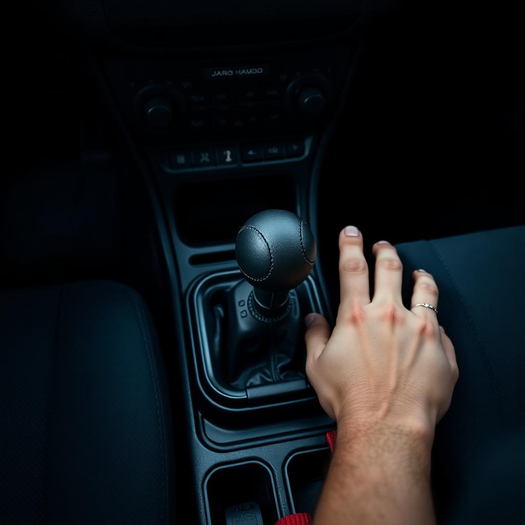 Driver hand on a Jeep Wrangler transfer case low-range shifter, the middle reduction in a 4x4 crawl ratio