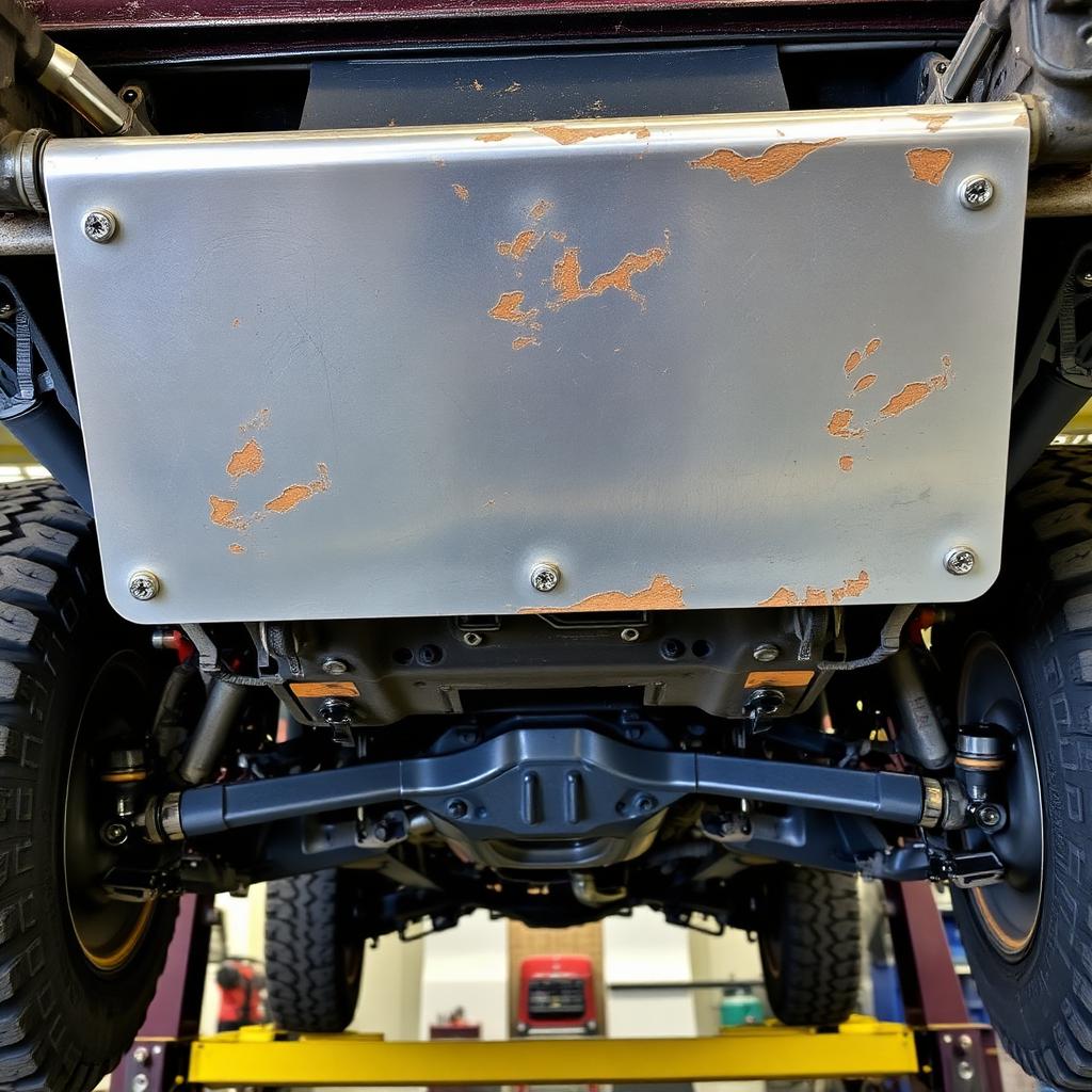 Aluminum skid plate underside on a 4x4 with visible scrapes needing post-trail service inspection