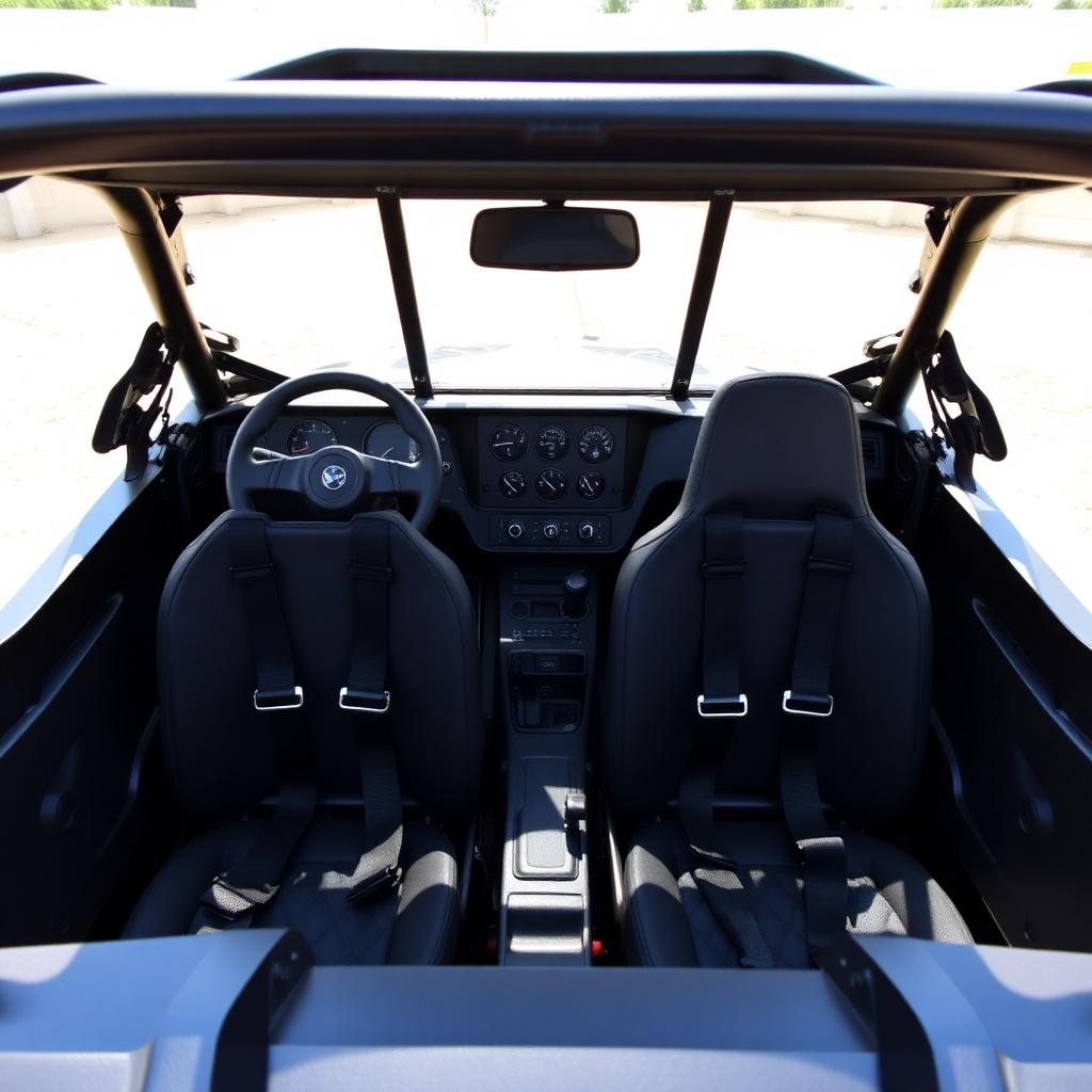 Interior of a side-by-side UTV cockpit with steering wheel, foot pedals, bucket seats, and multi-point harnesses
