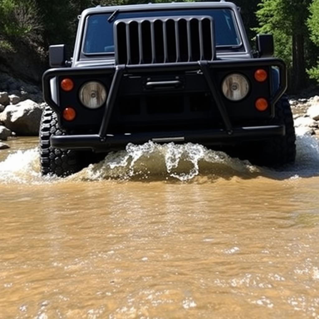 A 4x4 truck pushing a clean rolling bow wave ahead of the front bumper while crossing a shallow river