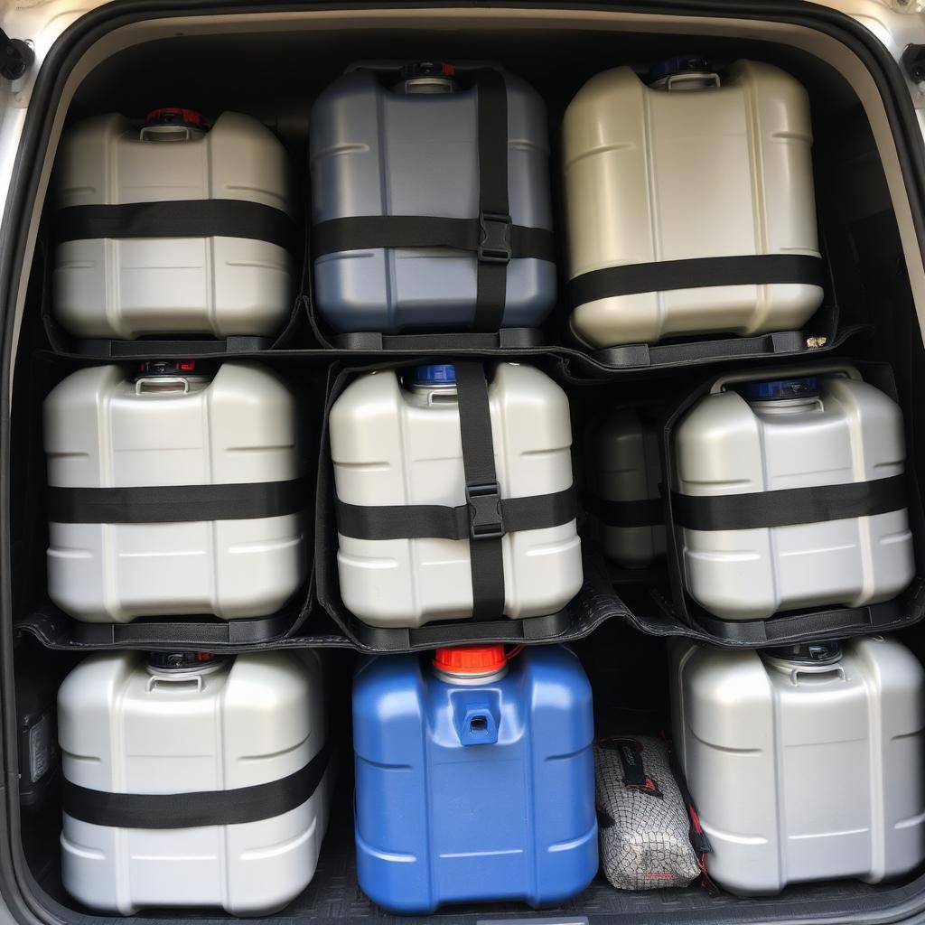 Water jerry cans strapped down inside the cargo area of an overland vehicle