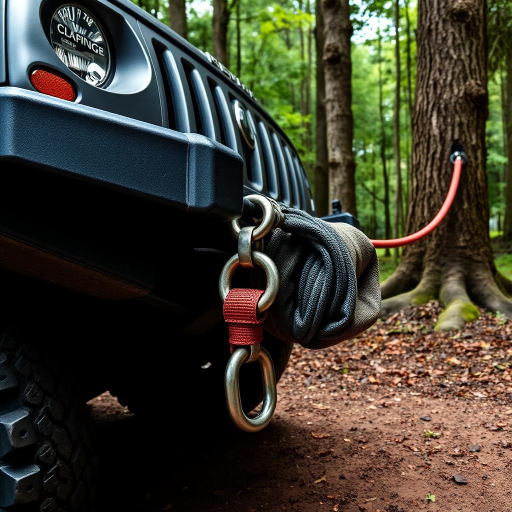 Off-road winch line rigged to a tree trunk with a wide fabric tree-saver strap and a steel D-ring shackle