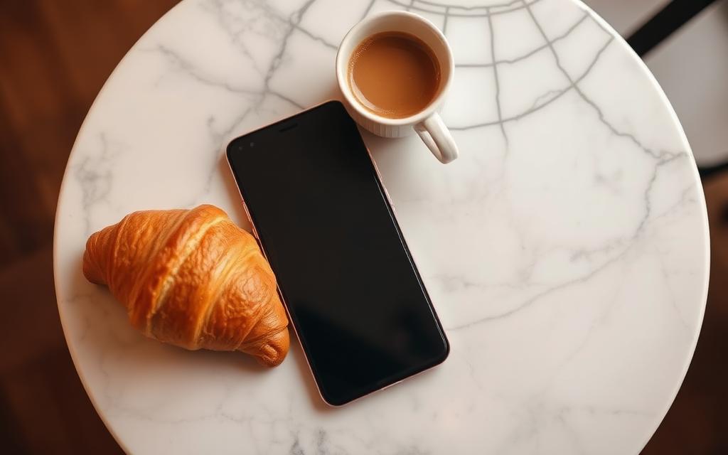 A smartphone face down on a marble cafe table next to a coffee and a croissant during a quiet morning work session
