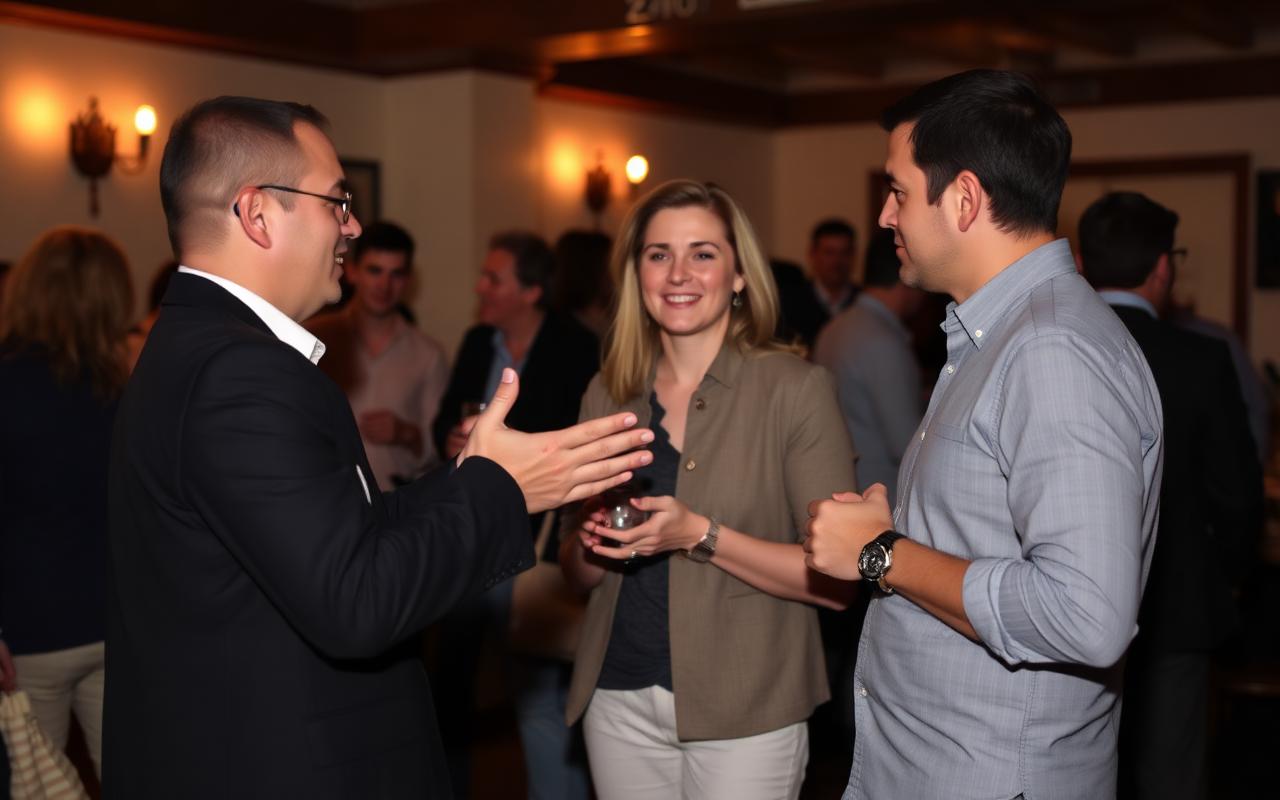 Host introducing two guests to each other in a small standing circle at a gathering
