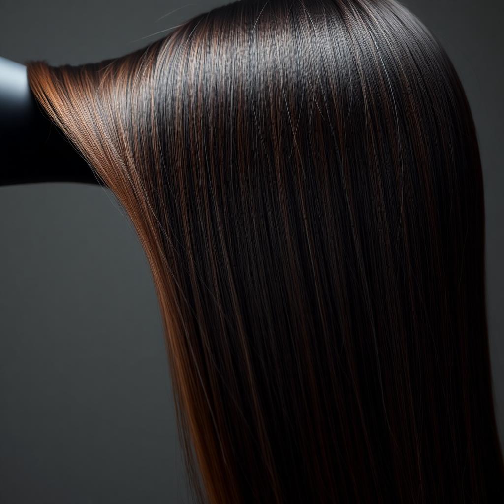 Long glossy dark brown hair blown smooth by directed airflow from a hair dryer nozzle