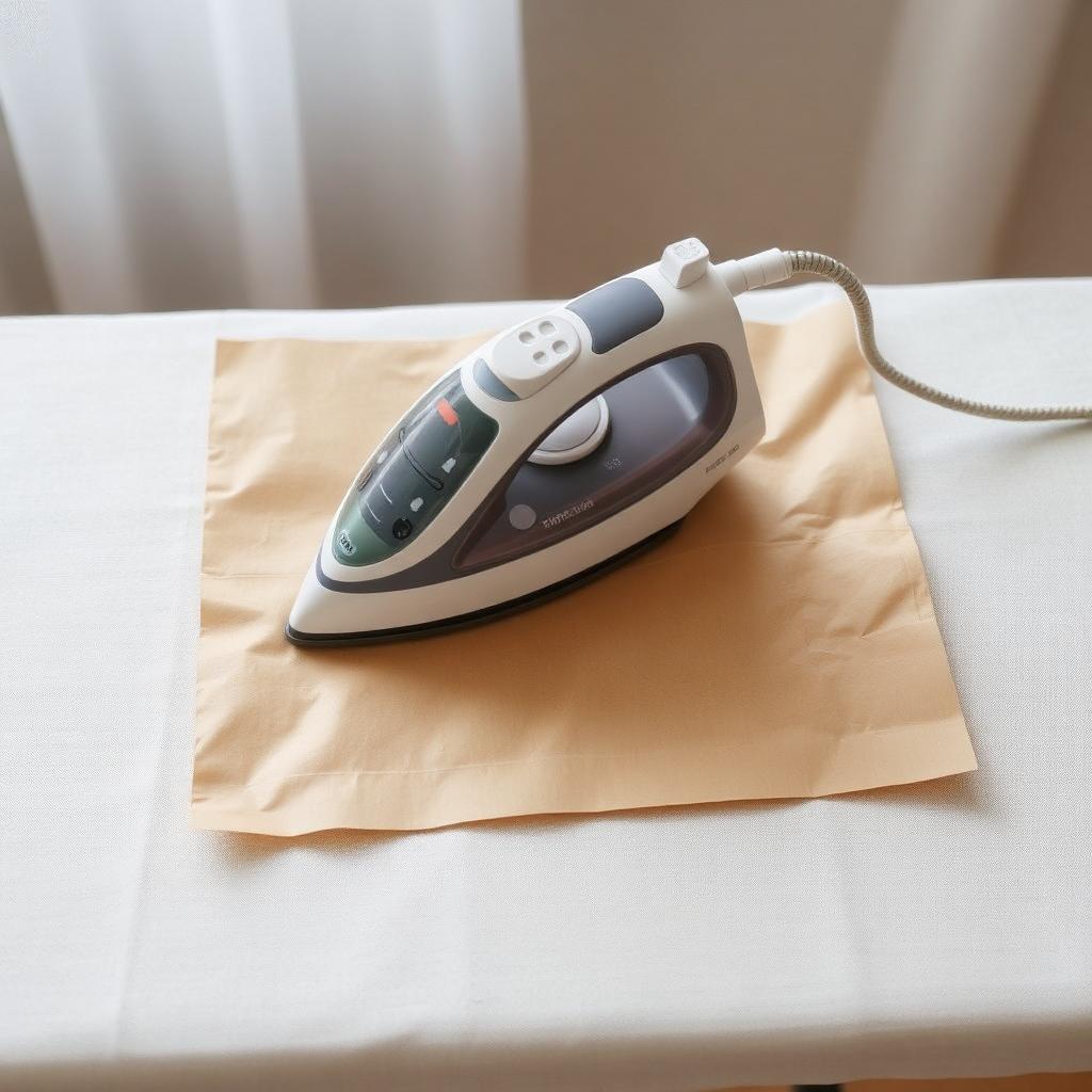 A household iron sitting on a folded brown paper bag laid over white fabric on a covered ironing board, soft daylight, no faces.