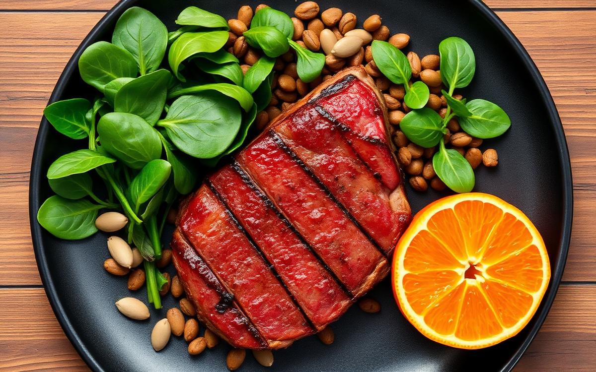 Steak, lentils, spinach, pumpkin seeds and orange slices on a dark plate as iron rich foods