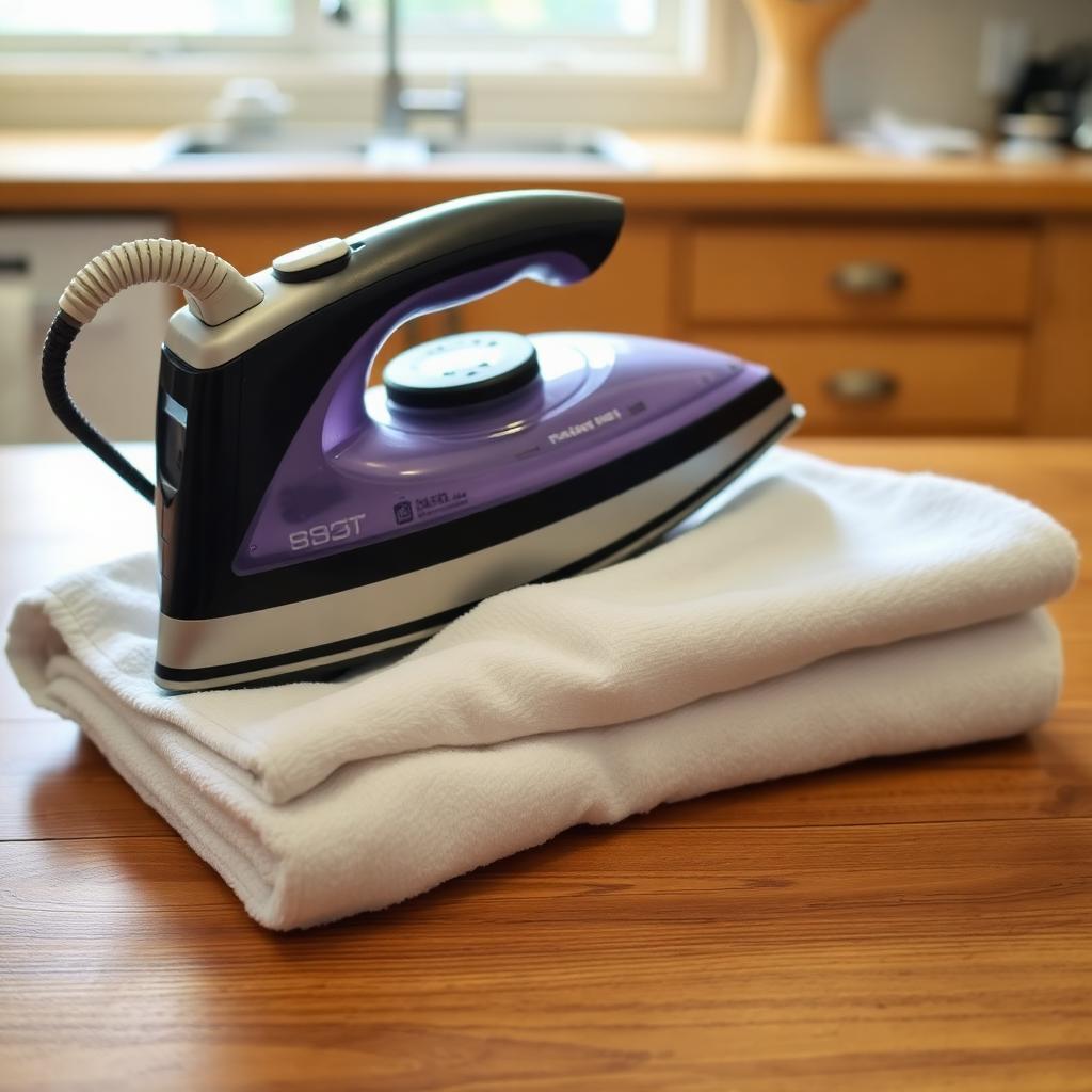 A household clothes iron resting on a folded white cotton towel placed on a wooden tabletop in a sunlit kitchen