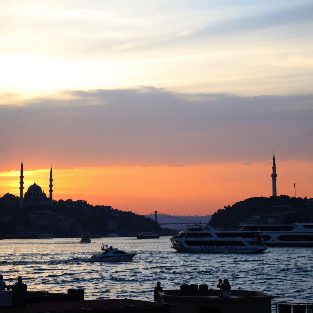 Turkey Become Türkiye: A scenic view of the Bosphorus strait in Istanbul at sunset with traditional mosque minarets silhouetted against an orange sky and ferries on the water