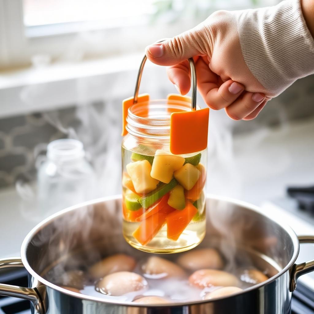 I Sterilize Jars Properly for Canning: Hand using jar tongs to lift a sterilized jar from boiling water