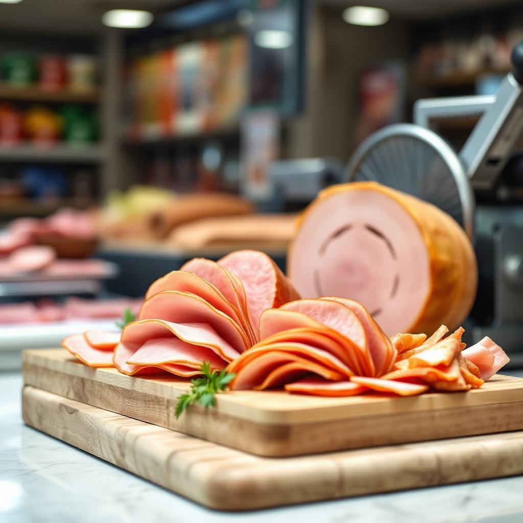 Freshly sliced deli ham and turkey on a butcher block with a meat slicer behind