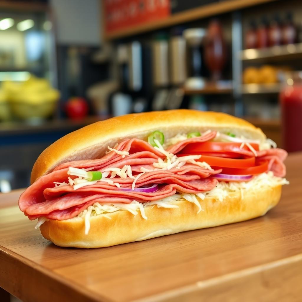 Italian deli sub with sliced meats, cheese, lettuce, tomato and onion on a long roll