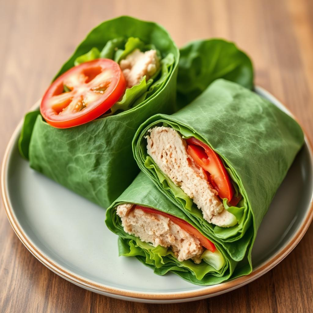 Spinach wrap filled with turkey breast, lettuce and tomato cut in half on a plate