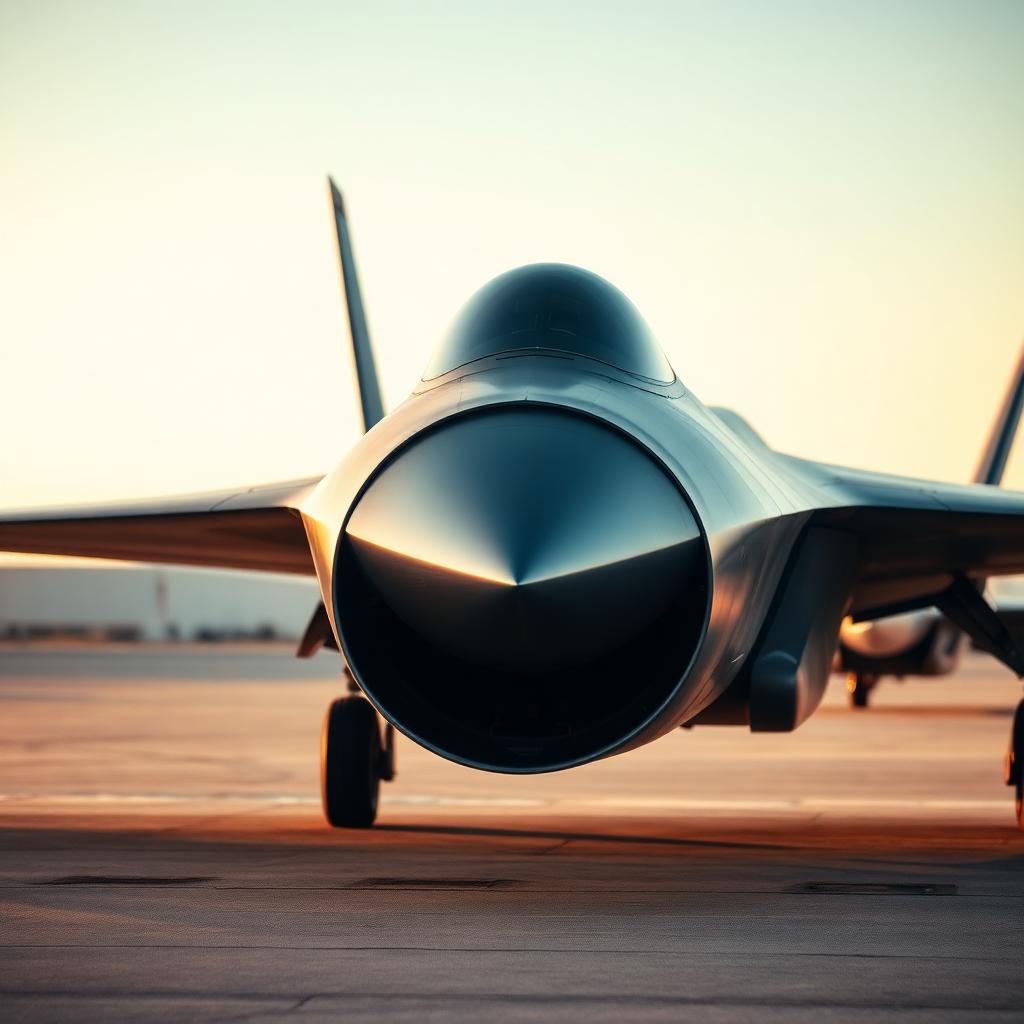A close-up of a generic stealth fighter jet engine intake on a tarmac at golden hour