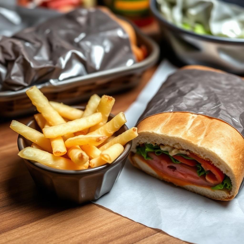 Salt and vinegar potato chips in a small bowl next to a wrapped deli sandwich