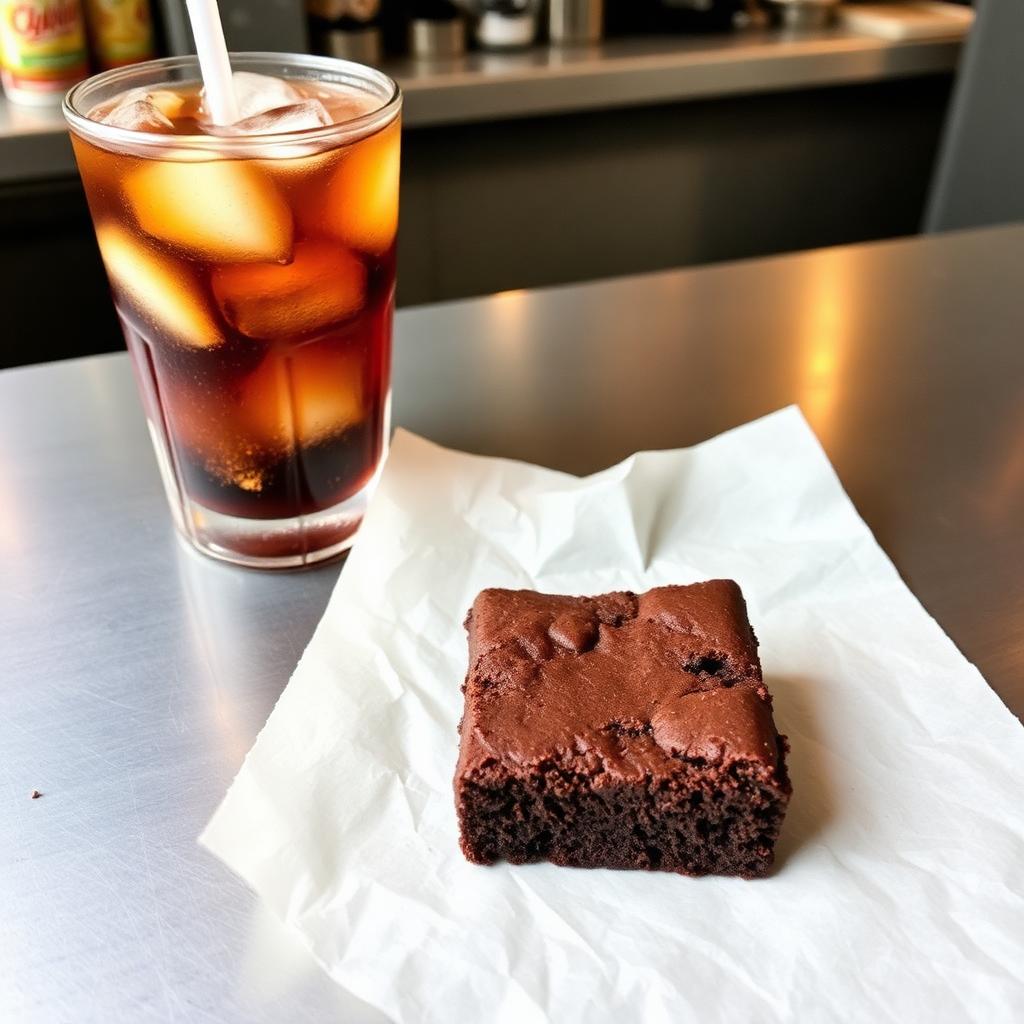 Chocolate chunk brownie on parchment paper alongside a fountain soda with ice