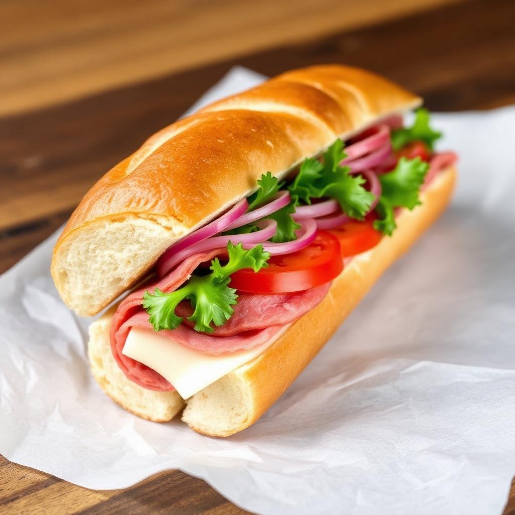 Italian sub on a french roll with ham, salami, provolone, lettuce, tomato and onion