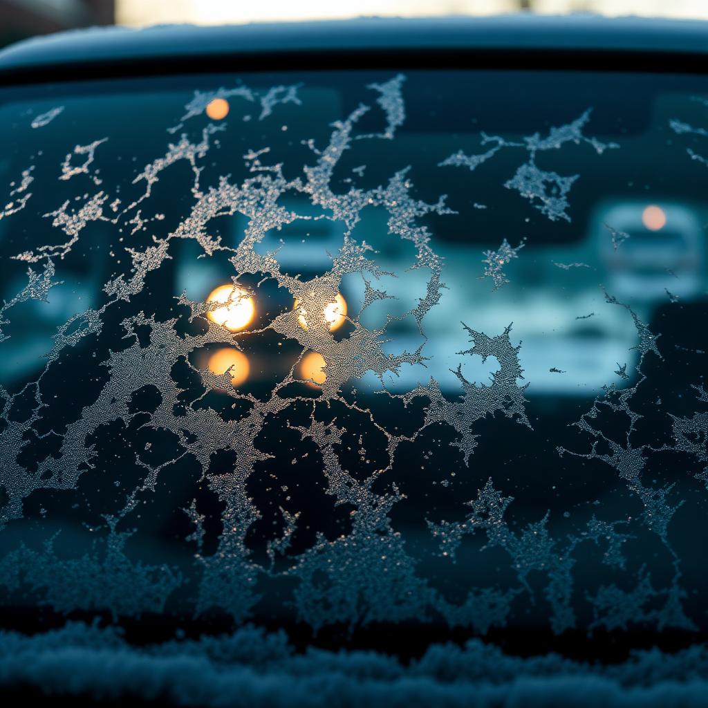 Frost patterns on a car windshield at dawn on a cold winter morning when a battery is most likely to fail