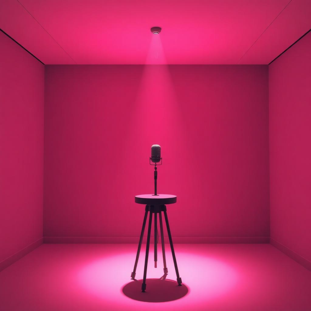 Empty modern recording studio microphone in a soft pink spotlight on a vacant stool, illustrating Manon's absence from KATSEYE during her health hiatus