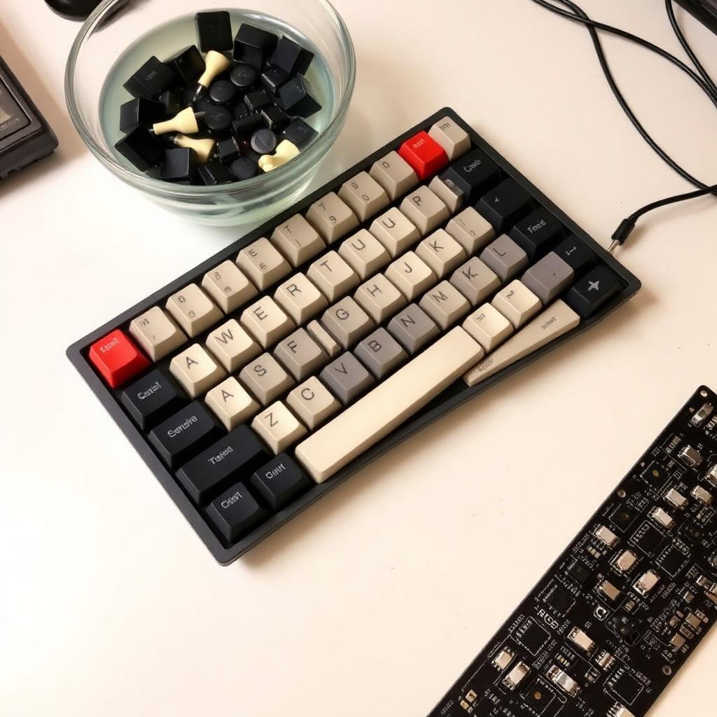 A mechanical keyboard with its caps removed sitting beside a glass bowl of soapy water on a clean desk.