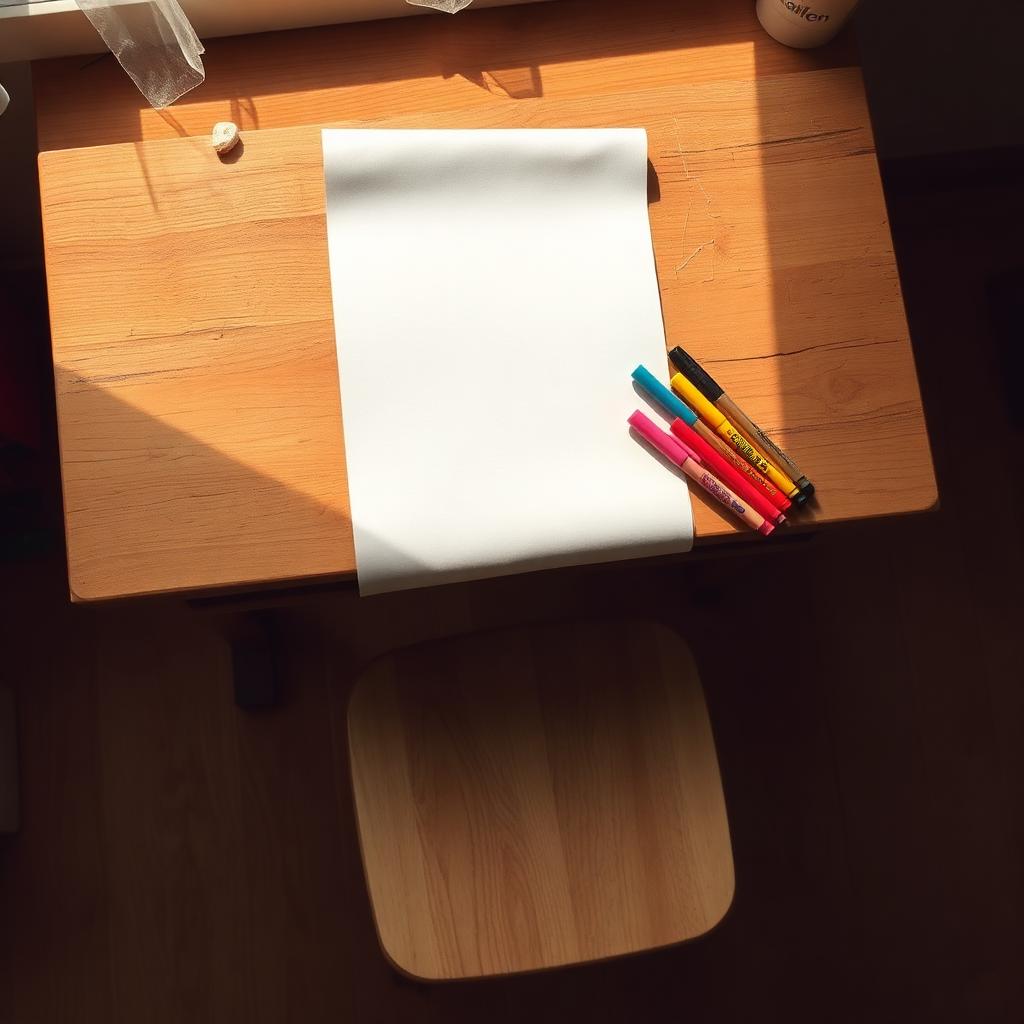 Child's wooden desk with a roll of plain drawing paper, scattered felt tip pens and chalk pieces in warm daylight