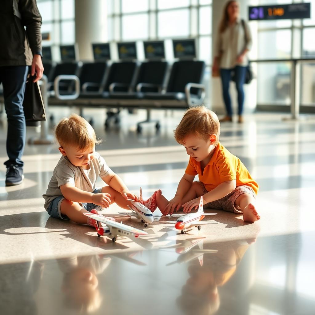 Two young children playing with toy planes on the floor of a bright airport waiting lounge with a parent standing nearby