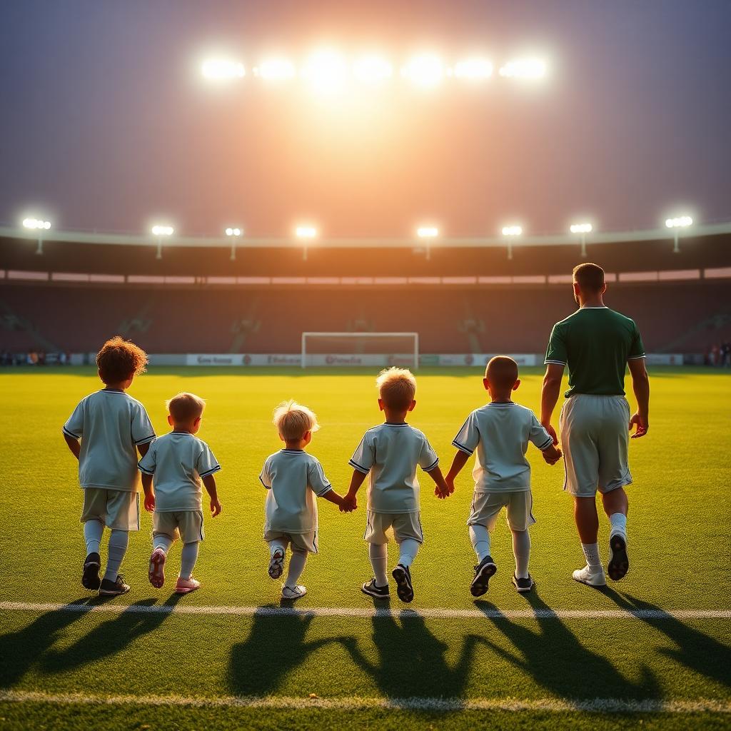 Children in plain miniature soccer kits walking onto a stadium pitch hand in hand with adult soccer players under floodlights